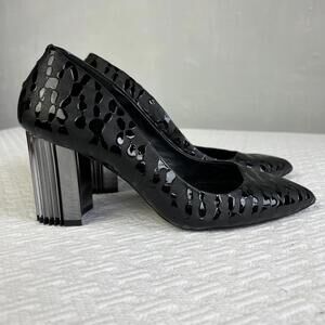 GIROTTI Women’s Black Leather Block Heel Lazer Cut Pumps 37 Size 7 Holiday NYE
